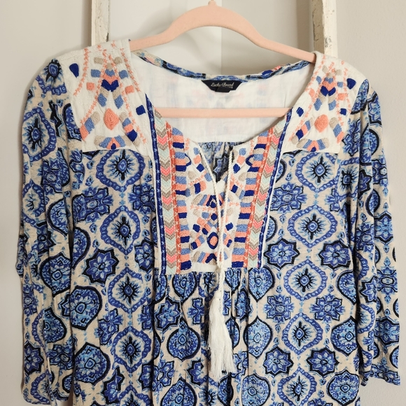 Lucky Brand womens 1X linen blend embroidered tassle peasant top boho - Picture 2 of 6